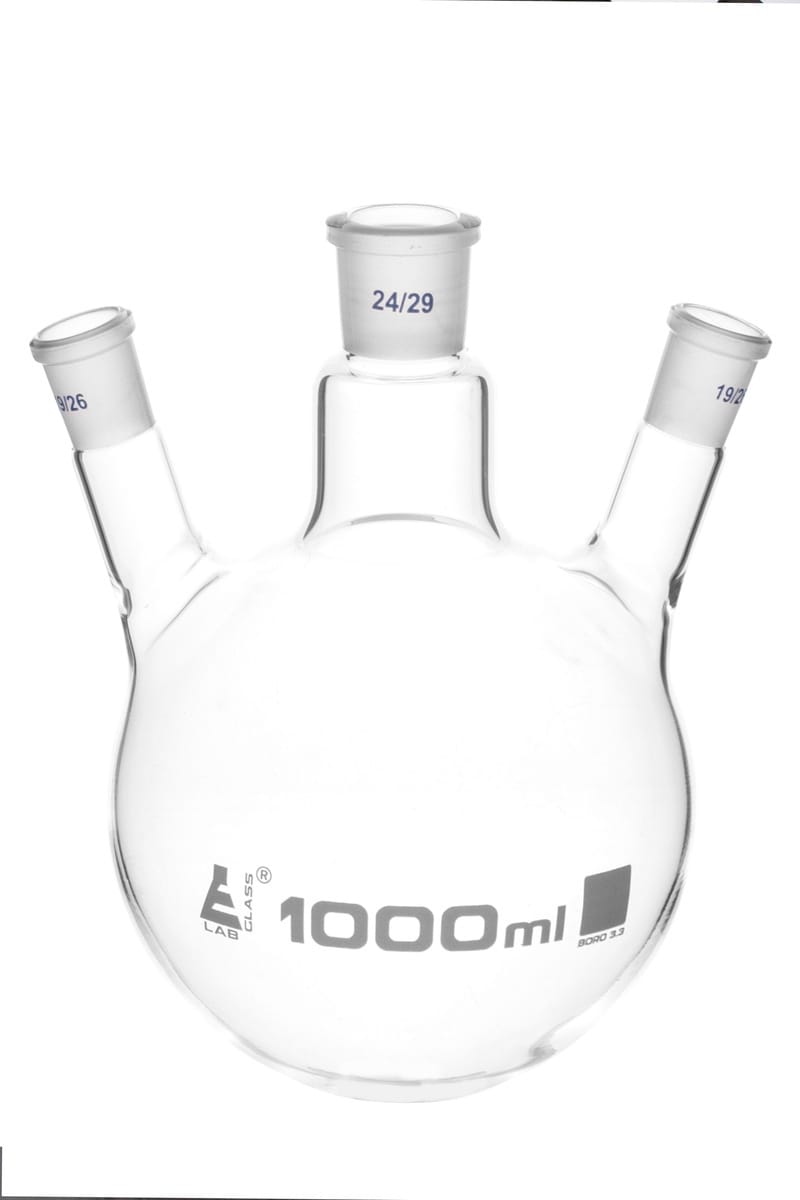 Eisco LabGlass® Distilling Flasks with 3 Angled Necks, Round Bottom, Interchangable Joints