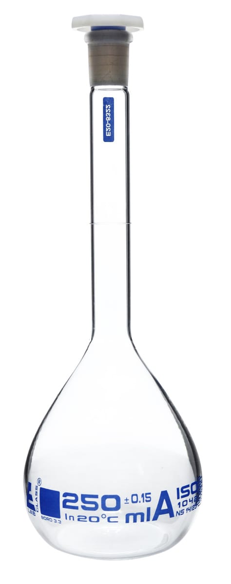 Eisco Glass Volumetric Flasks with Plastic Stopper, ASTM Class A