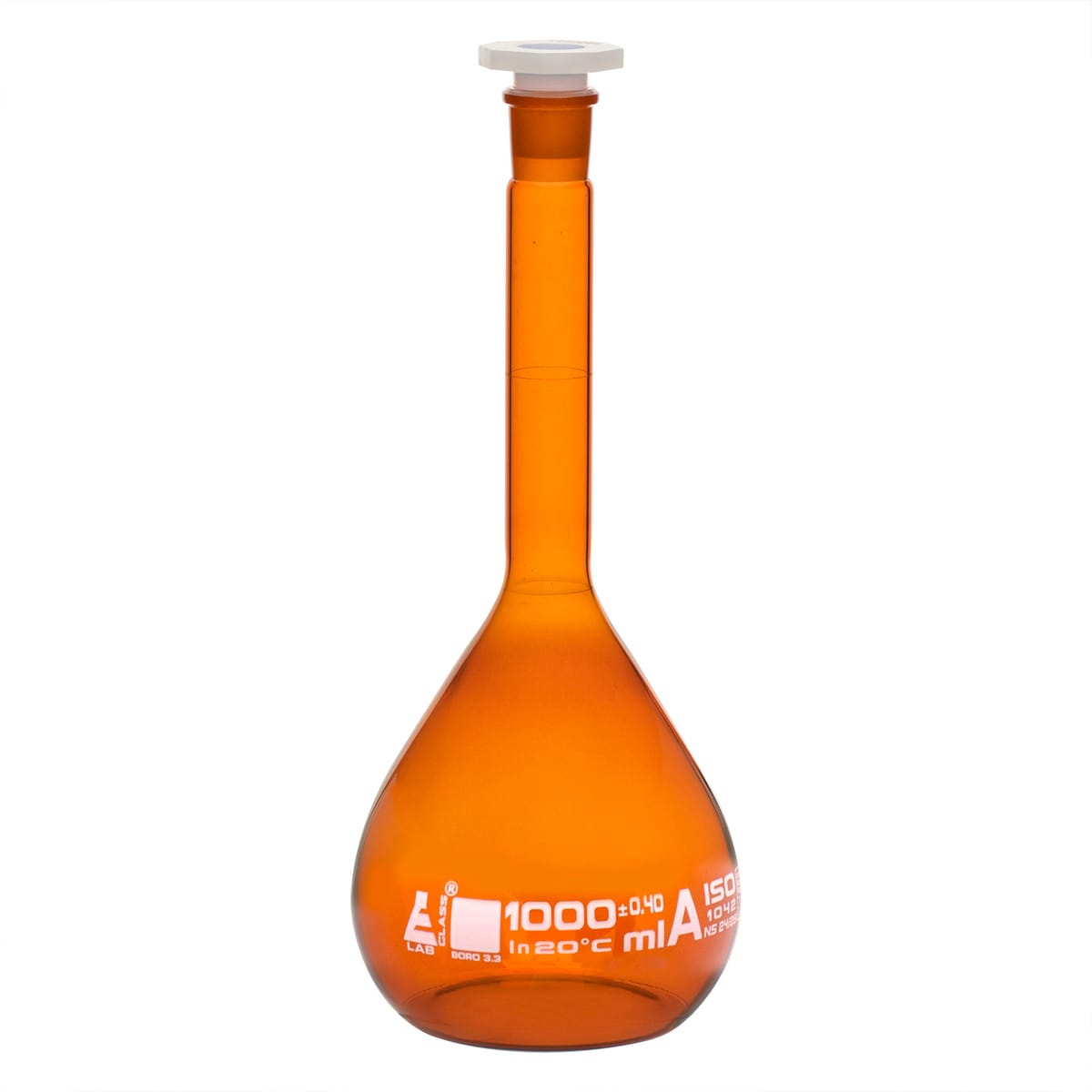 Eisco Amber Glass Volumetric Flasks with Polypropylene Stopper, Class A