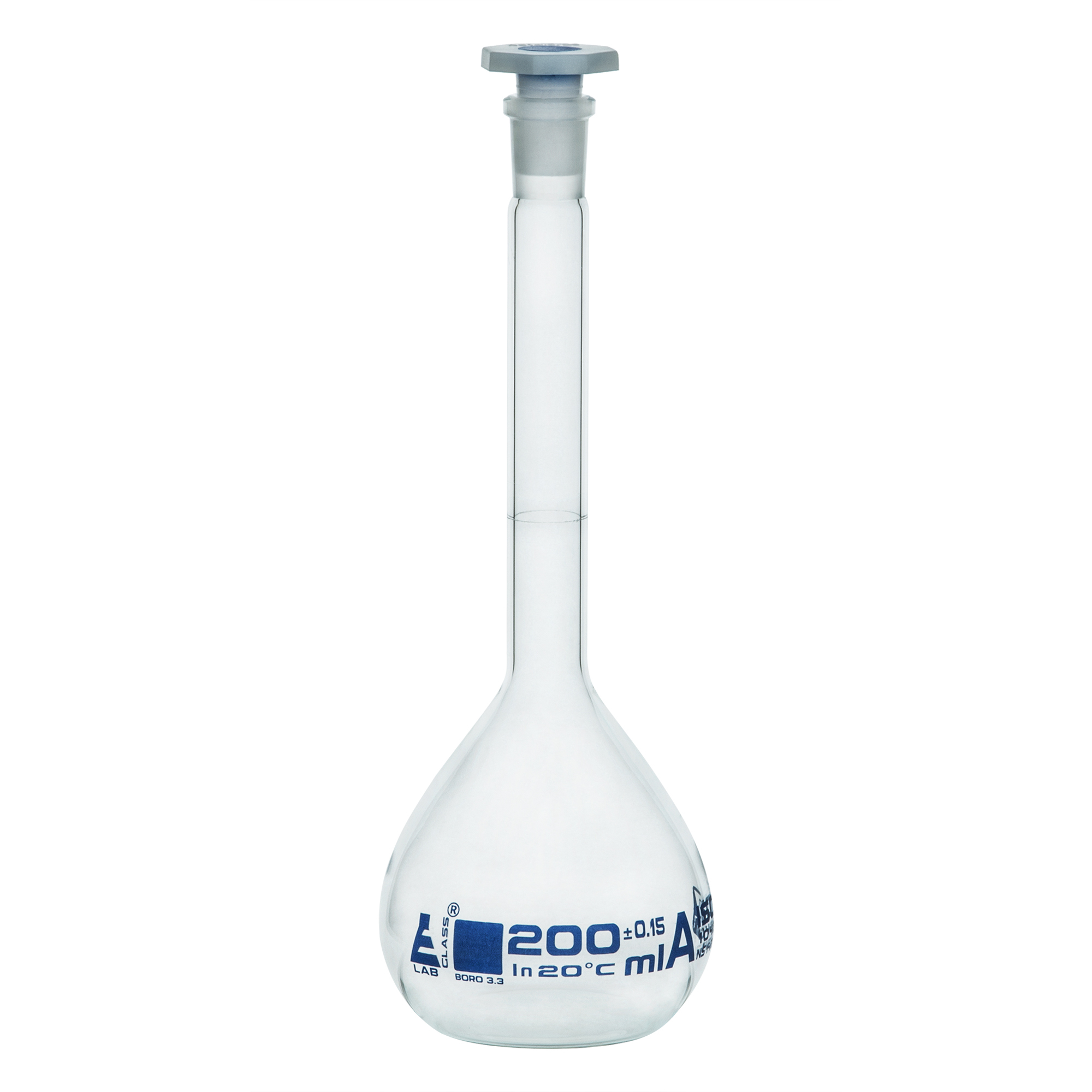 Eisco Glass Volumetric Flasks with PE Stopper, Class A, Includes Calibration Certificate