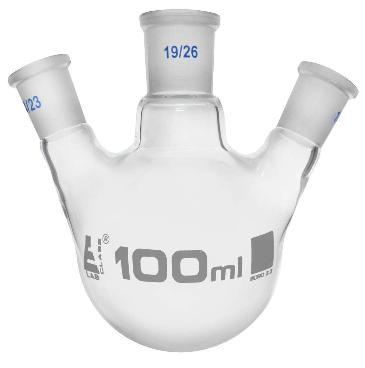 Eisco LabGlass® Distilling Flasks with 3 Angled Necks, Round Bottom, Interchangable Joints