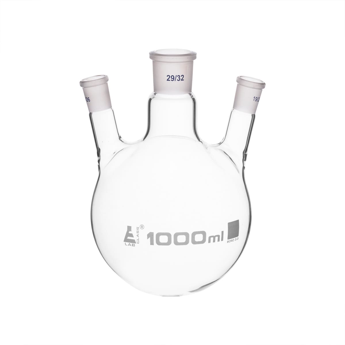 Eisco LabGlass® Distilling Flasks with 3 Angled Necks, Round Bottom, Interchangable Joints