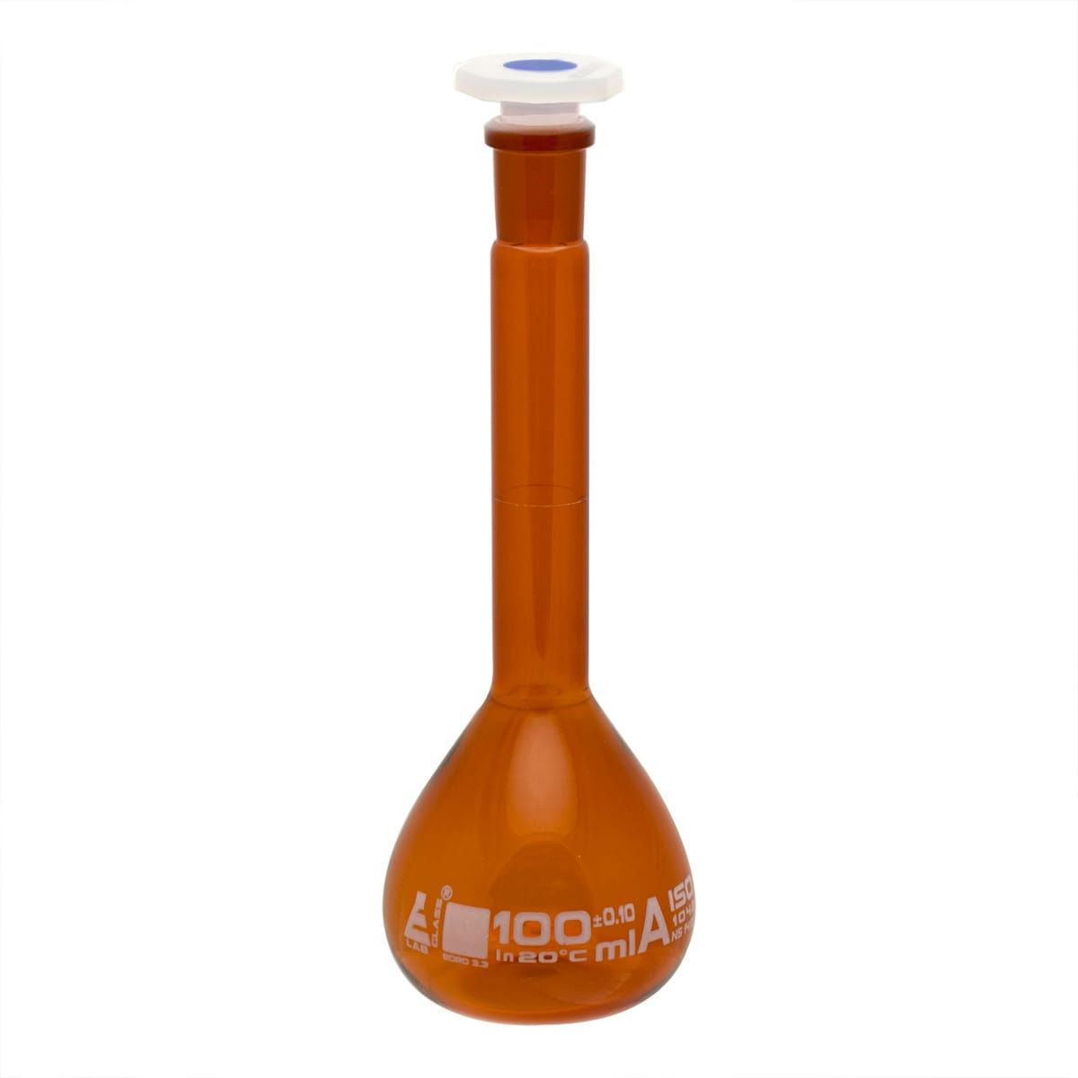 Eisco Amber Glass Volumetric Flasks with Polypropylene Stopper, Class A