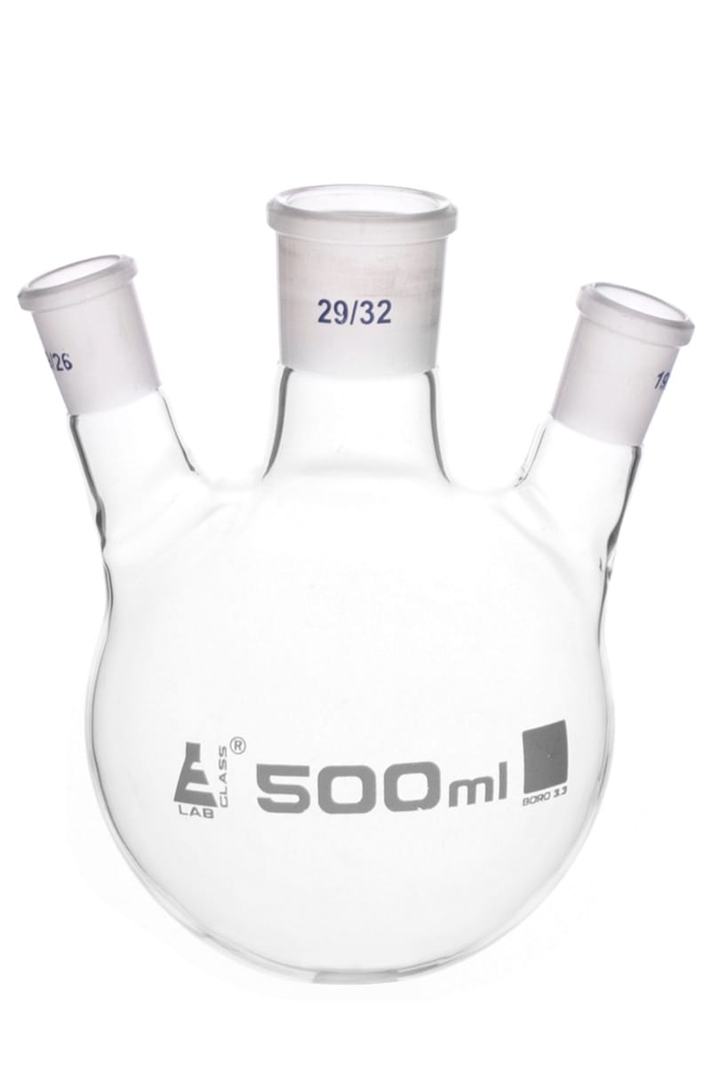 Eisco LabGlass® Distilling Flasks with 3 Angled Necks, Round Bottom, Interchangable Joints