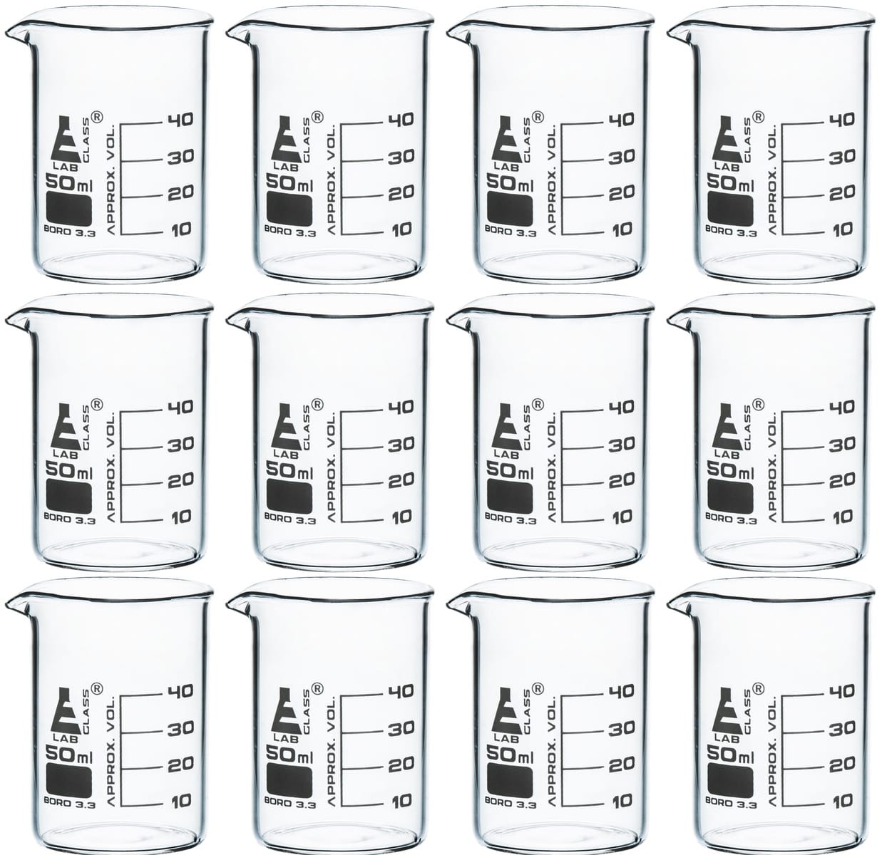 Griffin Style, Low Form Borosilicate Glass Beakers with Spout
