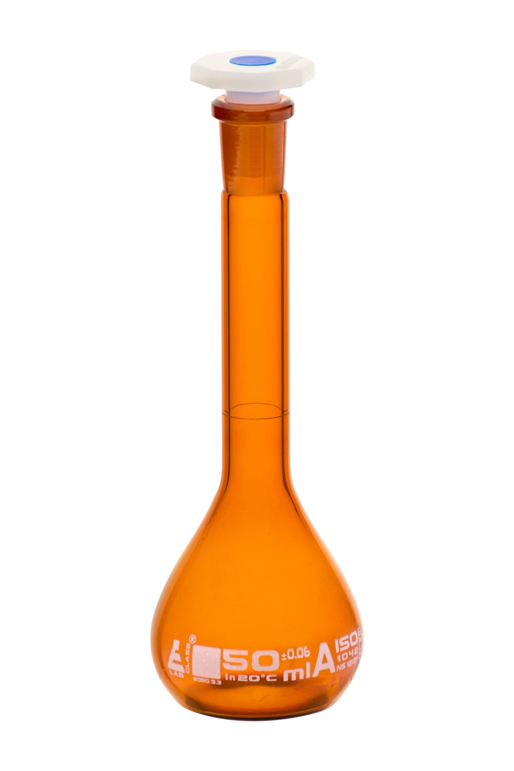 Eisco Amber Glass Volumetric Flasks with Plastic Stopper, Class A