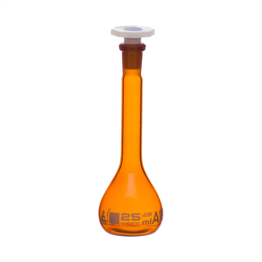 Eisco Amber Glass Volumetric Flasks with Plastic Stopper, Class A