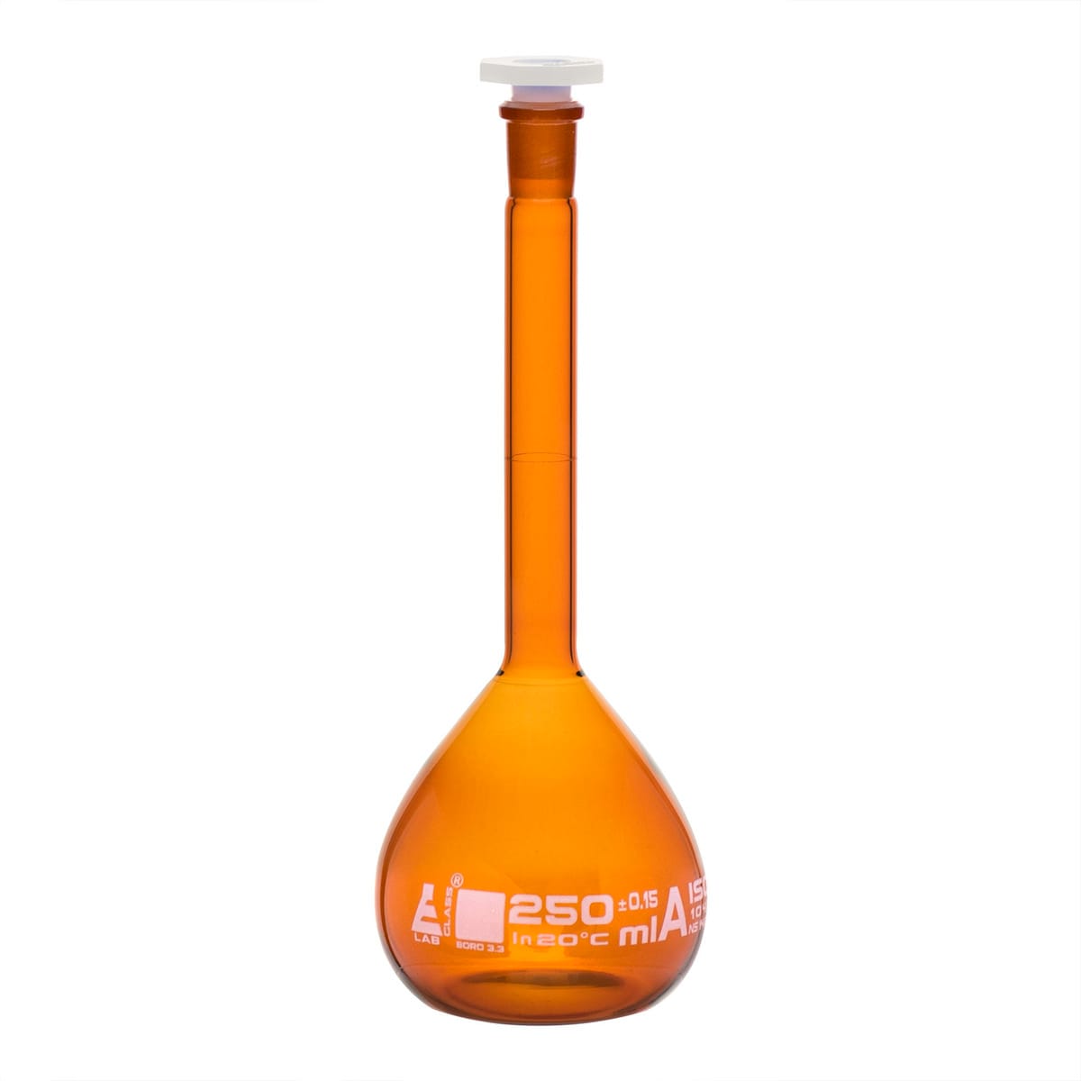 Eisco Amber Glass Volumetric Flasks with Plastic Stopper, Class A