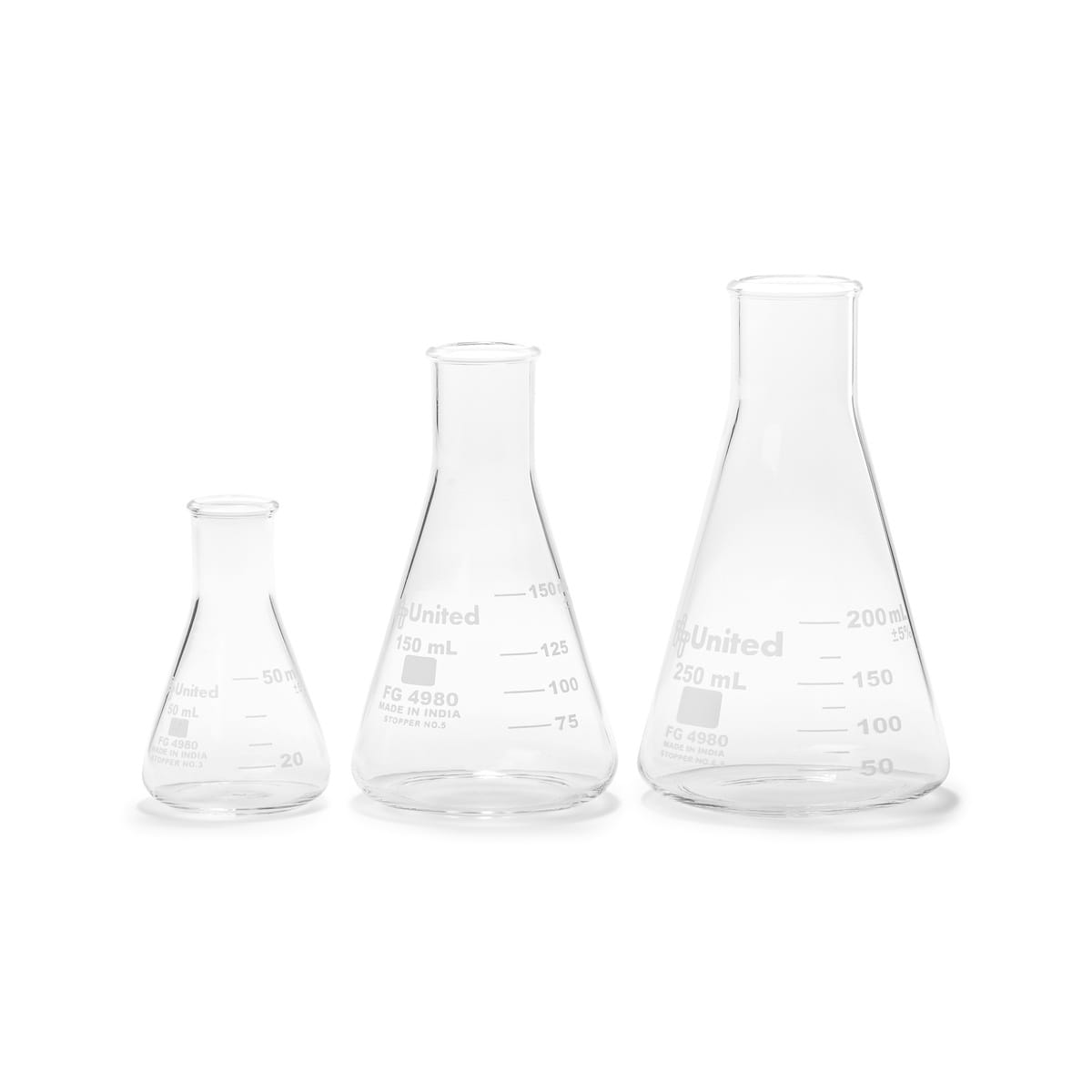 Erlenmeyer Flasks, Set of 3, Borosilicate Glass