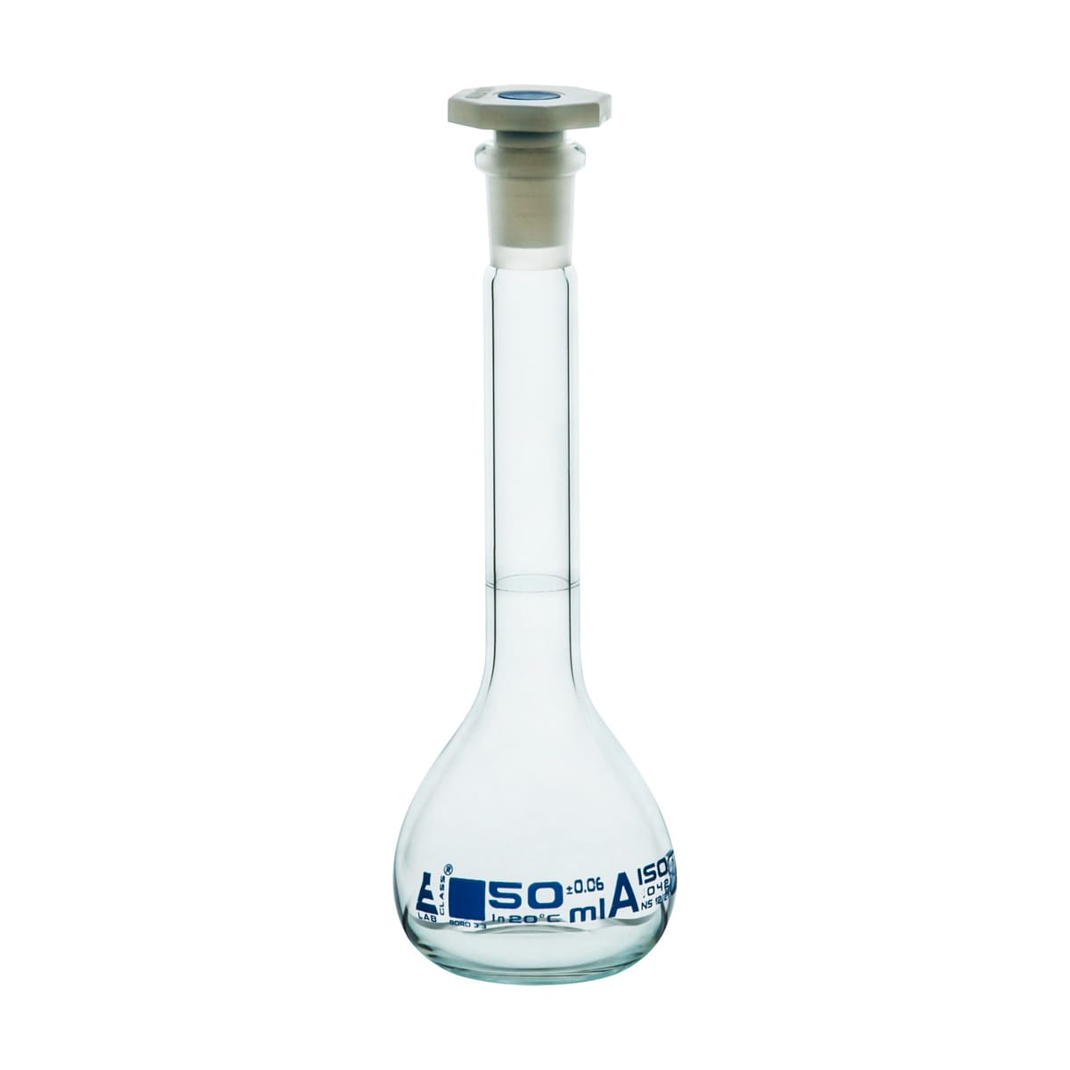 Eisco Glass Volumetric Flasks with PE Stopper, Class A, Includes Calibration Certificate