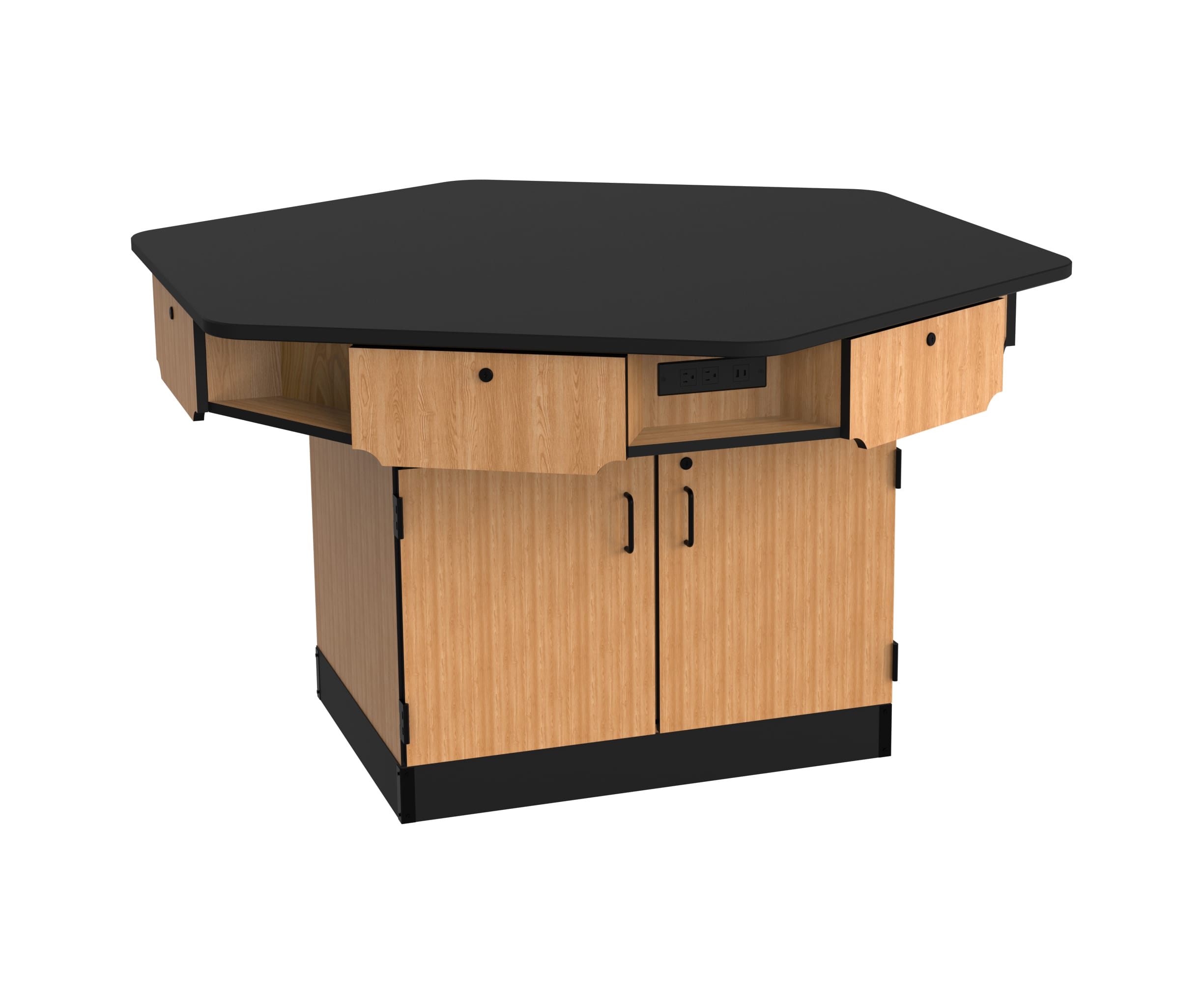NPS® Six-Person Workstation, Cabinet Base, Drawers, Power Strips