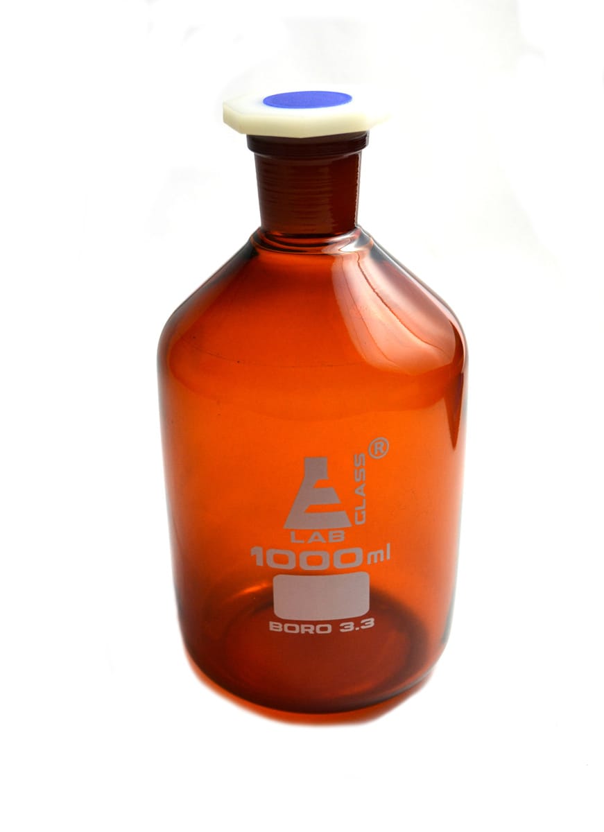 Eisco LabGlass® Reagent Bottles with Polypropylene Stopper, Amber, Narrow Mouth