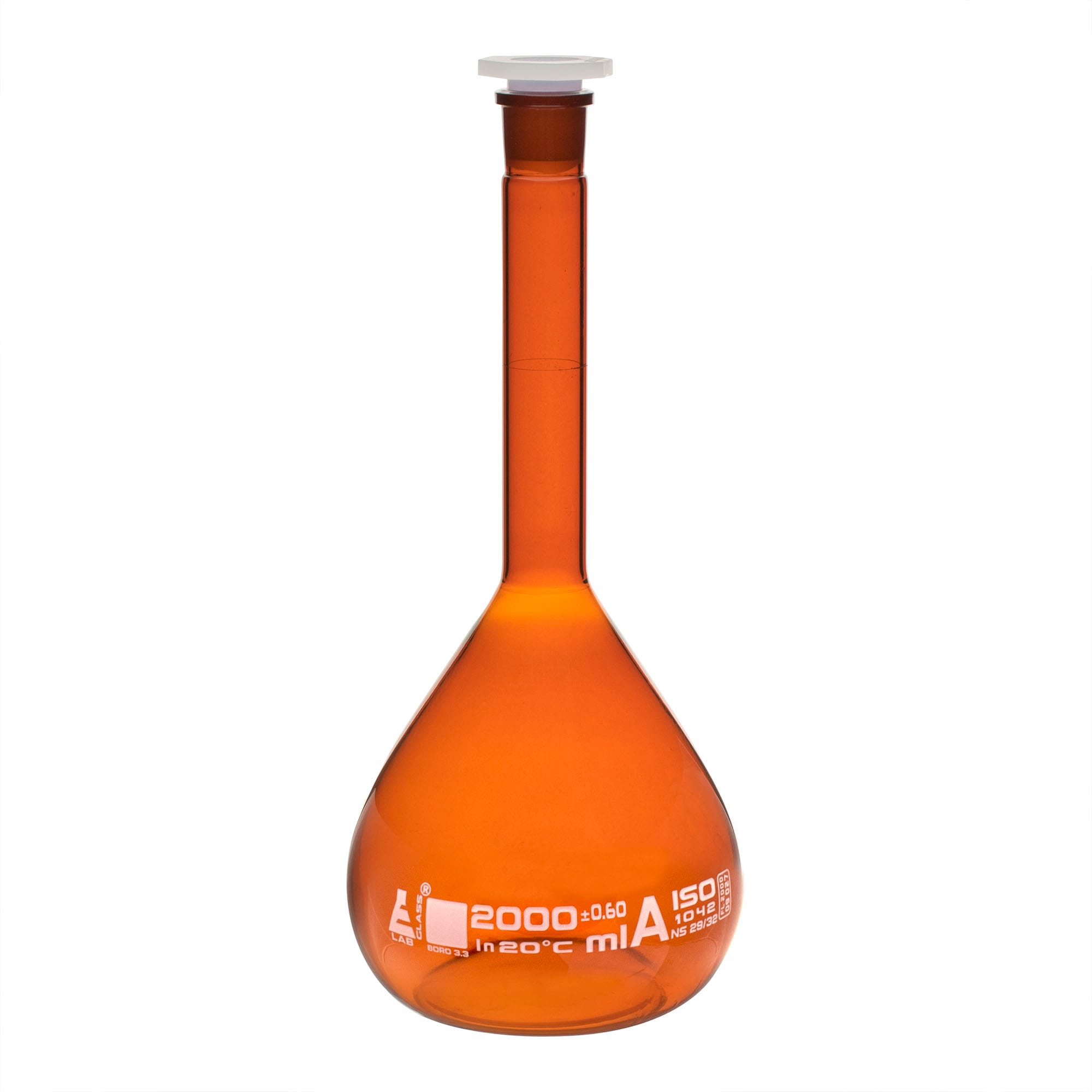 Eisco Amber Glass Volumetric Flasks with Polypropylene Stopper, Class A