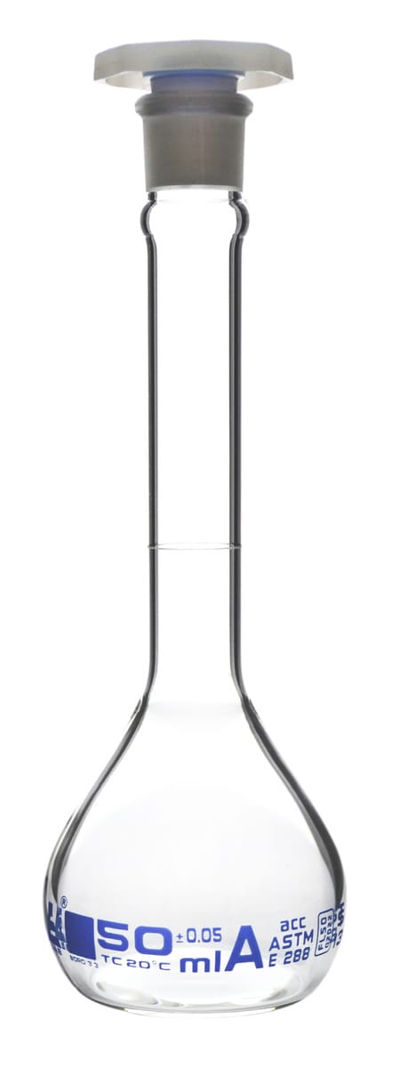 Eisco Glass Volumetric Flasks with Plastic Stopper, ASTM Class A
