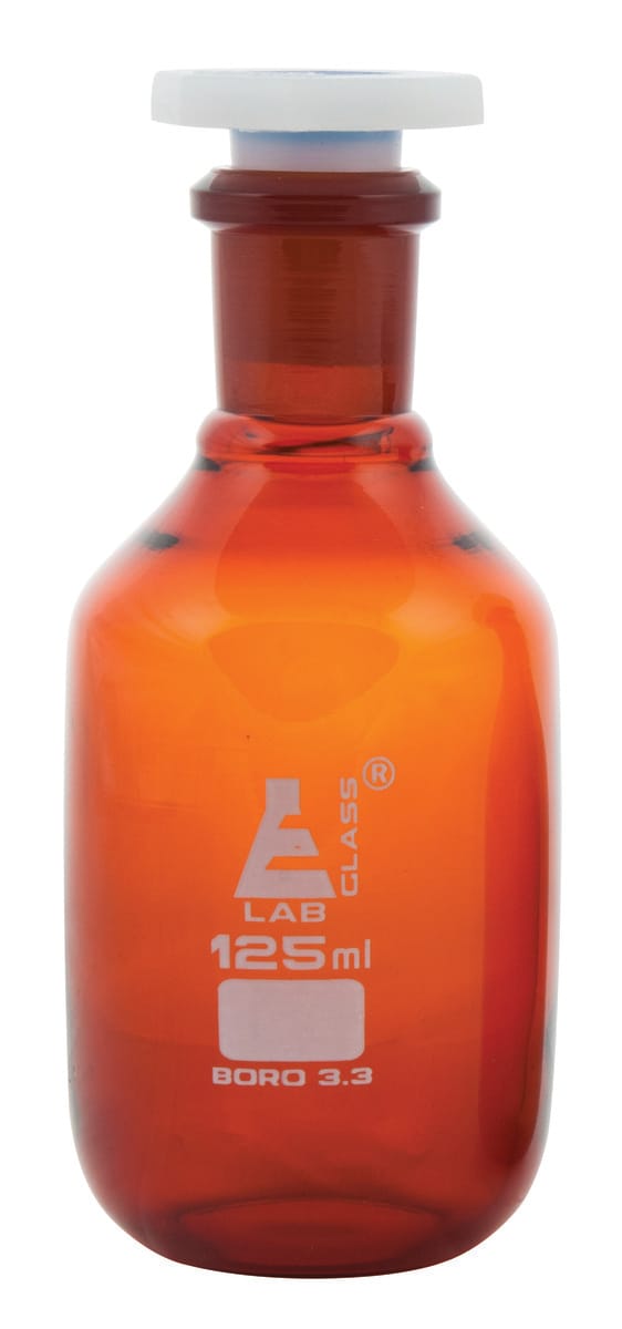Eisco LabGlass® Reagent Bottles with Polypropylene Stopper, Amber, Narrow Mouth