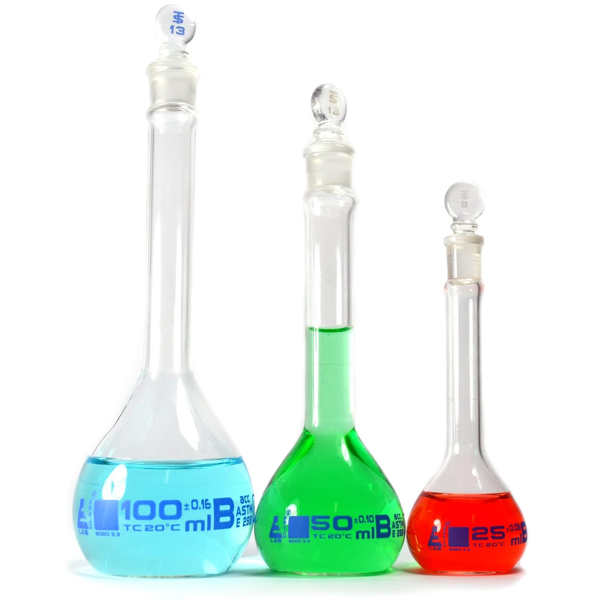 Eisco Glass Volumetric Flask Set, ASTM Class B (25, 50 and 100 ml)