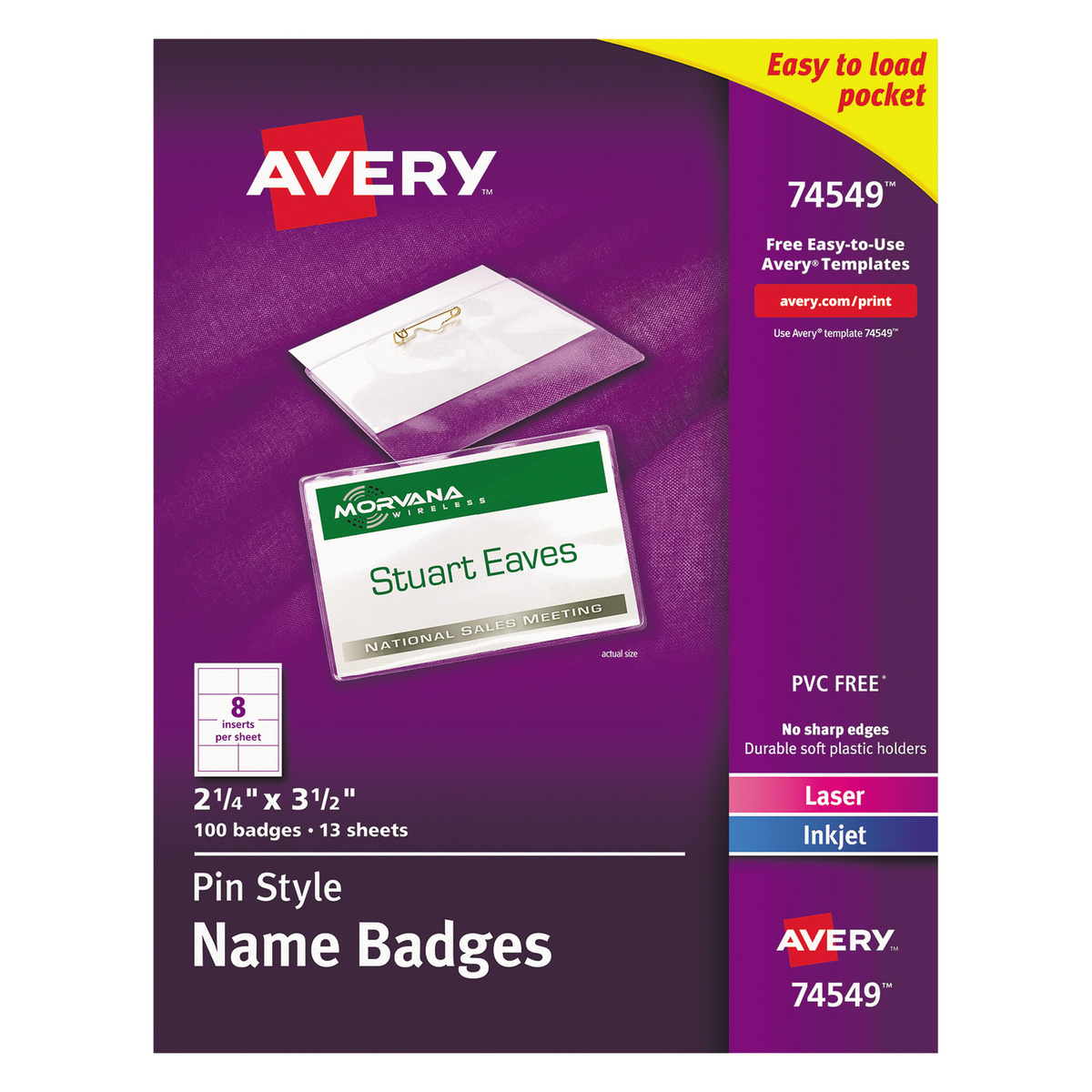 Avery® Name Badge Holders with Laser/Inkjet Inserts