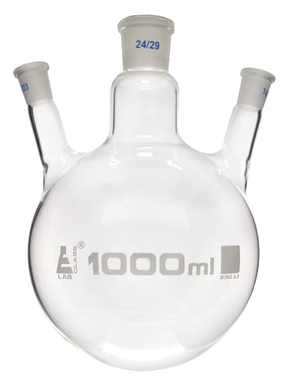 Eisco LabGlass® Distilling Flasks with 3 Angled Necks, Round Bottom, Interchangable Joints