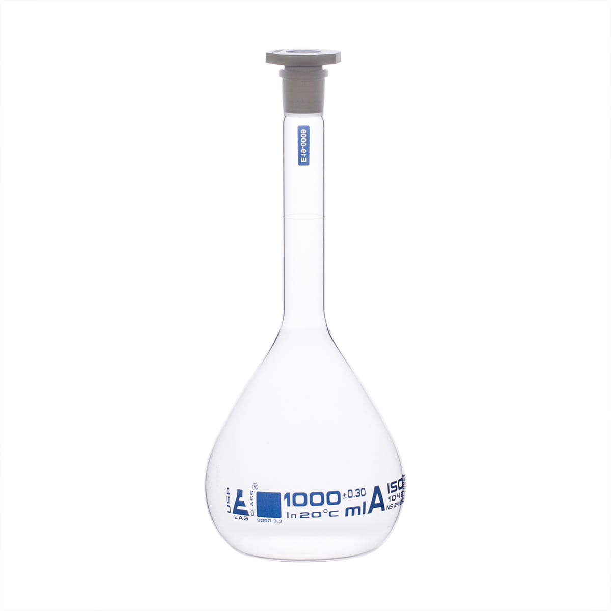 Eisco Glass Volumetric Flasks with PE Stopper, Class A, USP, Includes Calibration Certificate