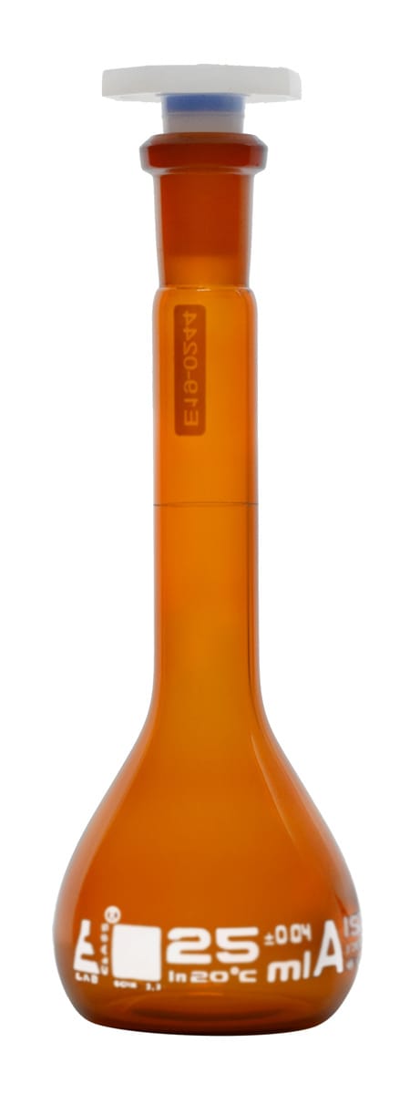 Eisco Amber Glass Volumetric Flasks with Polypropylene Stopper, Class A
