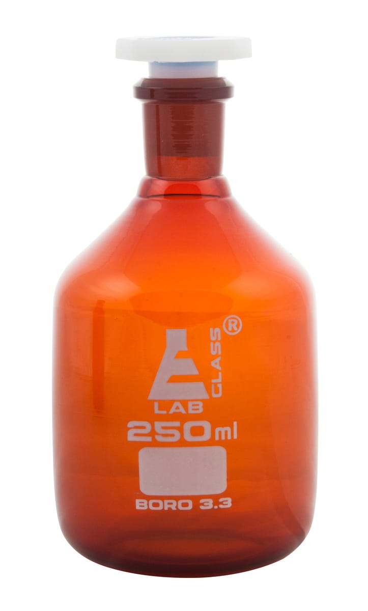 Eisco LabGlass® Reagent Bottles with Polypropylene Stopper, Amber, Narrow Mouth