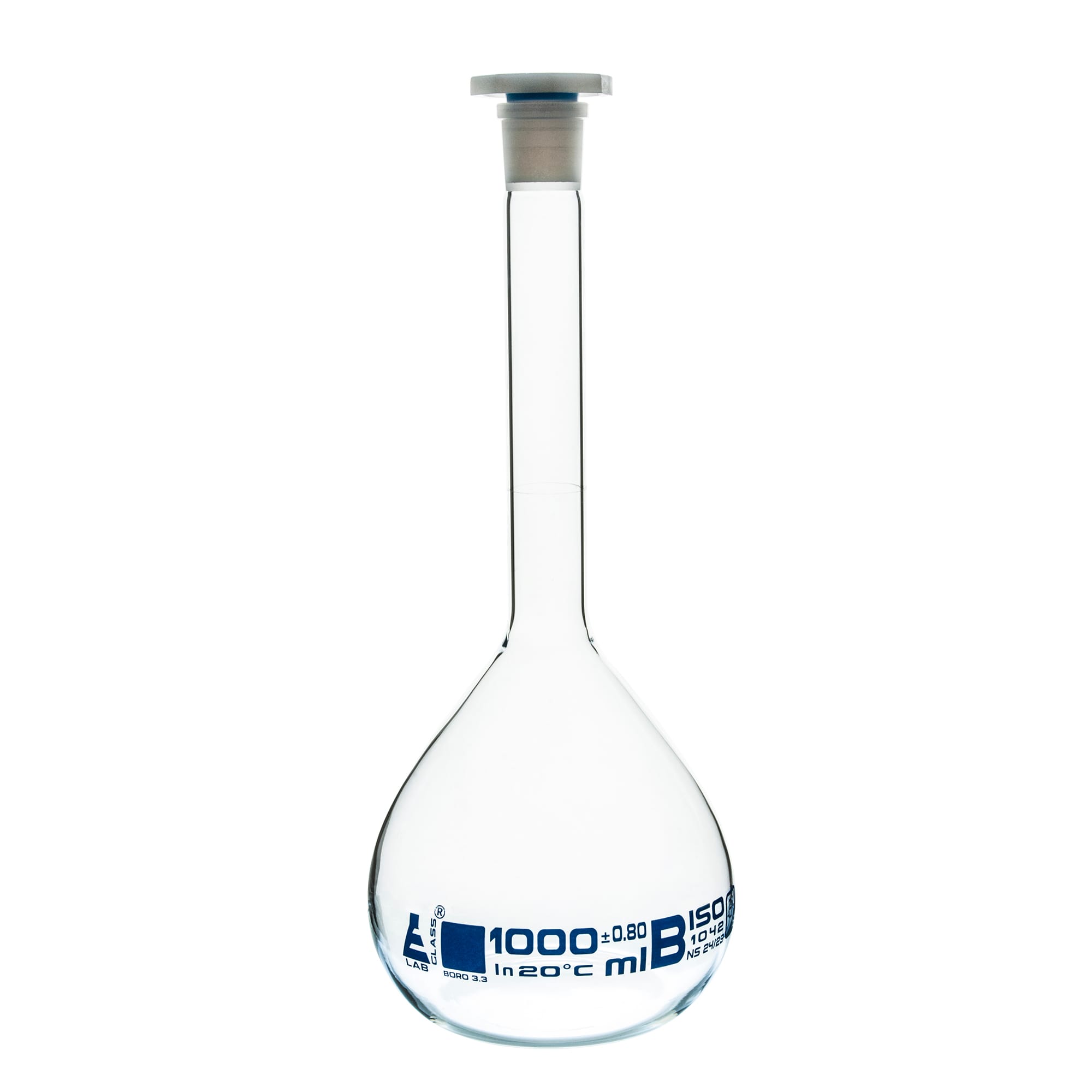 Eisco Glass Volumetric Flasks with Plastic Stopper, Class B