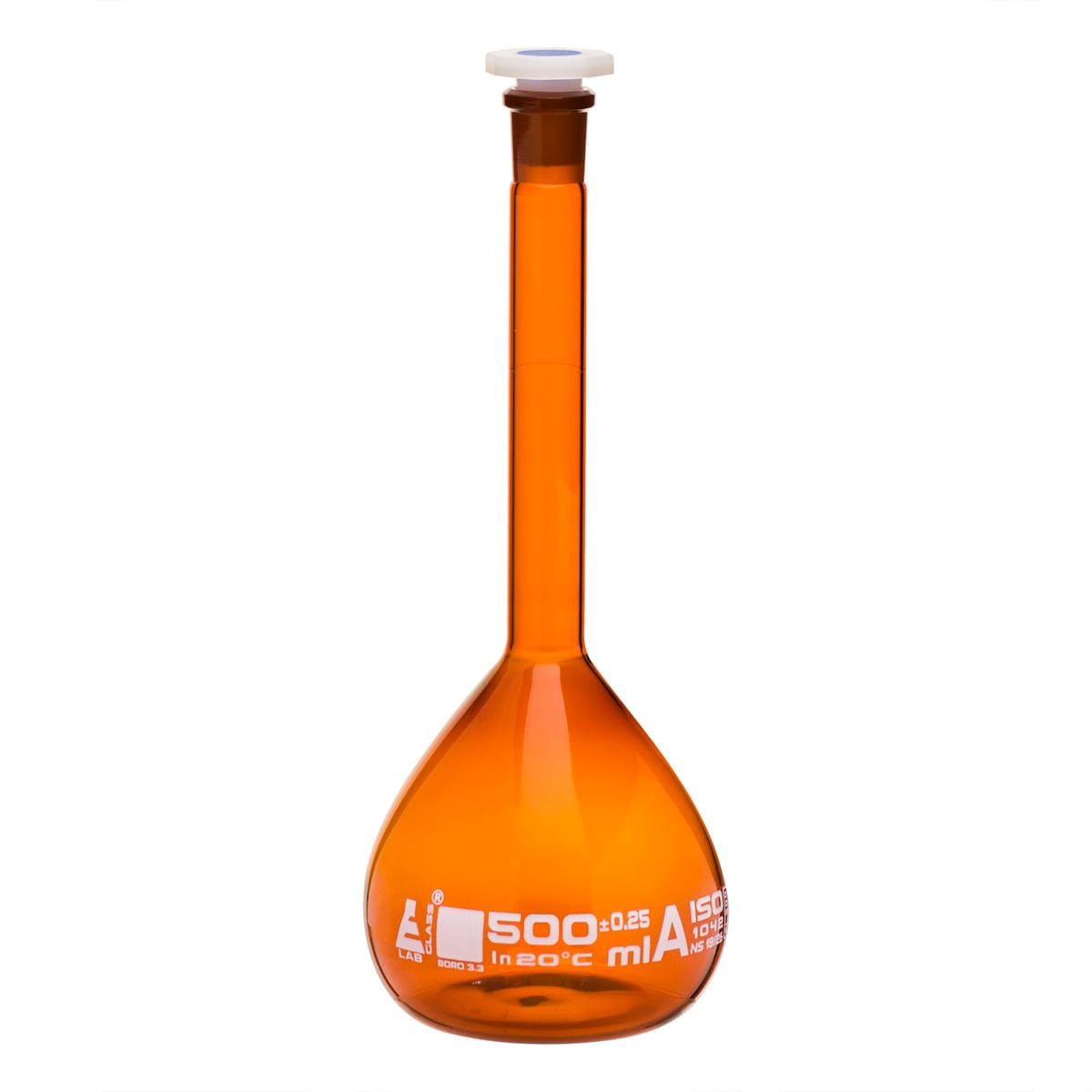 Eisco Amber Glass Volumetric Flasks with Polypropylene Stopper, Class A