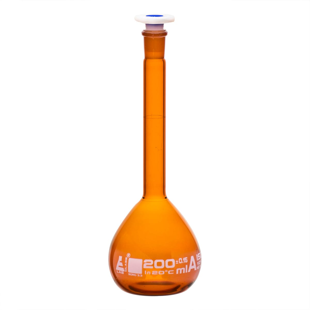 Eisco Amber Glass Volumetric Flasks with Plastic Stopper, Class A