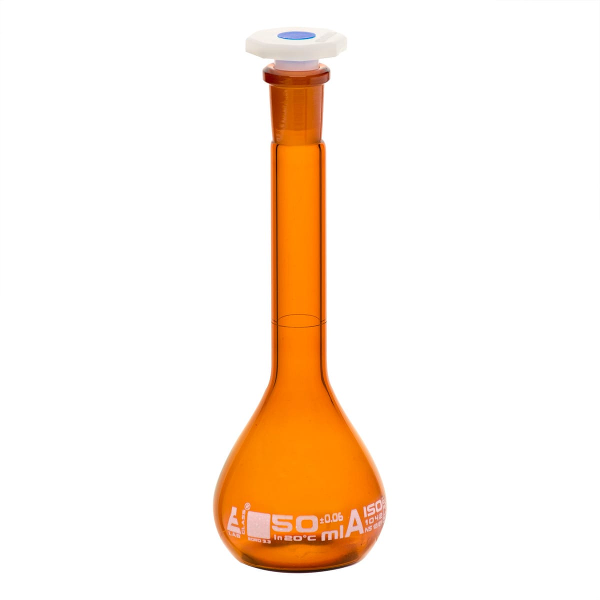 Eisco Amber Glass Volumetric Flasks with Polypropylene Stopper, Class A