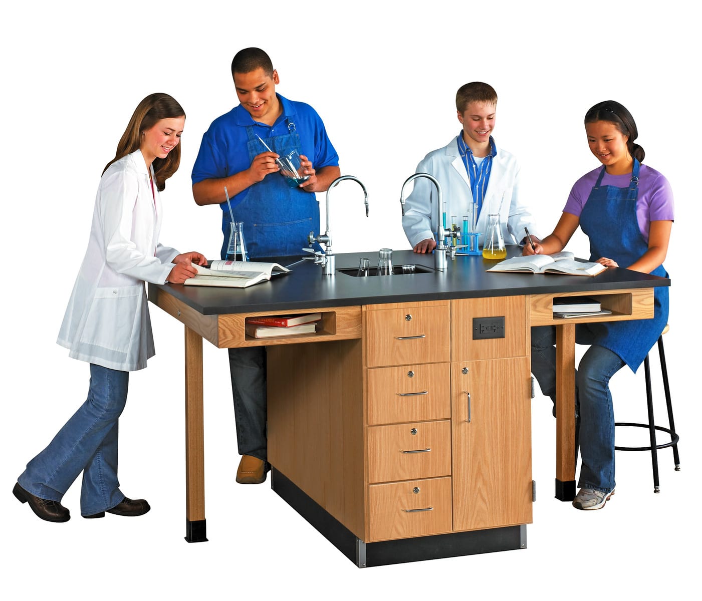 Student Workstations, Double-Faced Units Phenolic Top, Door/Drawer Configuration