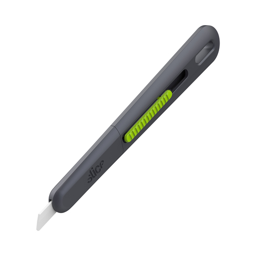 Auto-Retractable Pen Cutter, Slim, with automatic retraction and a finger-friendly safety blade that is safe to the touch and cuts effectively. Our blades are non-magnetic, non-sparking and never rust, have been proven in third-party tests to last up to 11 times longer than comparable metal blades