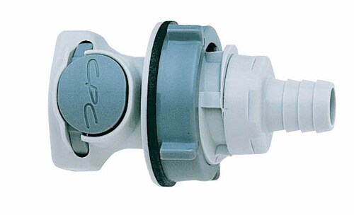 CPC (Colder) High-Flow Quick-Disconnect Fitting, Bulkhead Panel Mount Hose Barb Body, Polysulfone, Valved, 3/8" ID