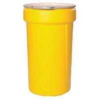 Lab Pack Open Head Poly Drum, 55 Gal, Metal Lever-Lock, 1x2in 1x3/4in Bung Holes, Yellow, Dimensions, Exterior23.75in (60.3 cm) Top, 19.38in (49.2 cm) Bottom, 39.125in (99.4 cm) Height