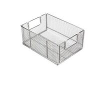 Basket, Mesh, washing, Stainless steel material handling parts, Electropolished finish with four mesh openings per linear inch. Handles for easy gripping, made rugged for dipping, cleaning, or moving components in industrial settings.
