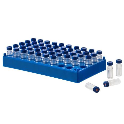 Polypropylene storage rack holds 50 12x32mm vials.