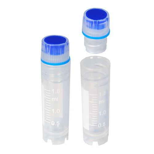 Cryovial, Polypropylene, Leak Proof, For biological sample storage at temperature down to -196 C, Self standing, Sterile, Internal Thread Cap with O-Ring, Crystal Clear Transparent vial for easy observation, Rounded internal bottom of vial promotes complete pour out, Size: 2Ml