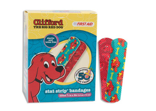 Clifford* Adhesive Bandage, A fun character long loved by kids of all ages, Gentle adhesive and a non-adherent pad, safe for childrens skin, Comes with the preferred and patented Stat Strip easy opening wrapper that nurses request, Sterile, Size: 3/4 x 3in