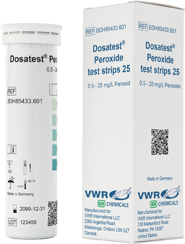 Vwr* peroxide test strip, suited for the determination of other inorganic and organic hydroperoxides, determination of hydroperoxides in organic solvents the test field is moistened with a drop of water after evaporation of the solvent, 25 dosatest, adjusted to pH 5 - 7 using citric acid