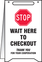 Social Distance Fold-Ups® Floor Sign; Stop, Wait Here to Checkout, Accuform®