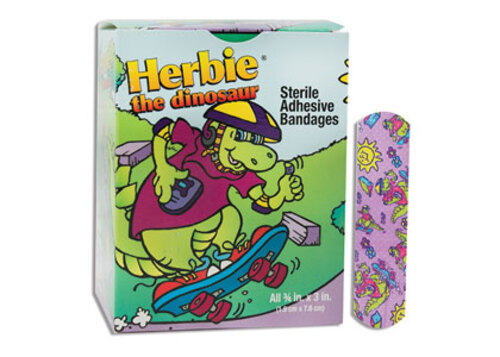 Herbie* the Dinosaur Bandage, Stat-Strip, Sterile, Designer and Character Bandage, Help kids forget their pain with these fun designs, Comes with the preferred and patented Stat Strip easy opening wrapper that nurses request, highly absorbent, Size: 3/4x3in