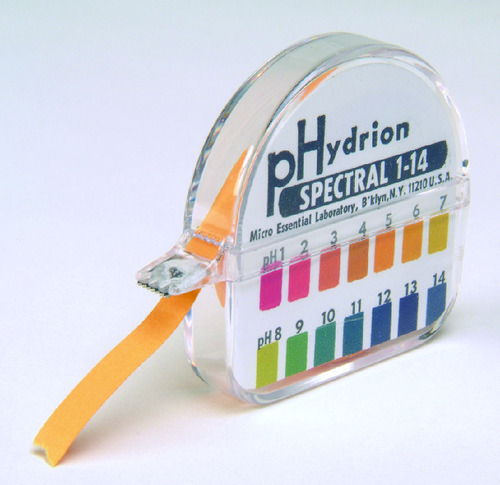Hydrion® PH Test Paper, Wide Range 1.00 - 14.00.15in roll comes with color chart, 180 in x 0.25 inch roll of 1- 14 pH paper in a plastic dispenser. Each dispenser is solo packed in a box and 10 dispenser boxes are placed in a carton/case of 10.