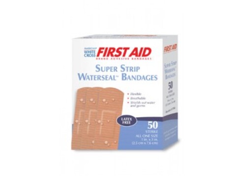 American* White Cross Waterseal Bandage, Adhesive Strip, Sterile, Tan, Available in Clear and Super Strip, Keeps water out, Ultrathin, comfortable and breathable, Easy to apply, Has a highly absorbent wound pad, Size: 1 x 3in