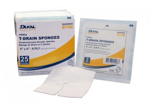 Basic Care T-Drain Sponge, Specialty Dressing, Pre-cut rayon/poly blend sponges, Lightweight, lower cost alternative, Designed to wick moisture away from the site, Unique pre-cut T-slit provides a snug fit around catheters, tubes, Sterile, Size: 4x 4in, 6-ply