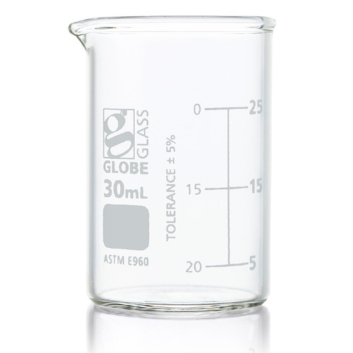 Beaker, Low Form, Glass, Griffin style, Height: 53mm, Graduation interval: 10ml, Graduation Range: 5 to 25ml, Size: 30Ml
