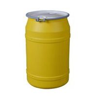 Lab Pack Poly Drum, 55 Gal, Metal Bolt Ring, 2x2in Bung Holes, Yellow, Dimensions, Exterior: 21in (53.3 cm) Top, 22.5in (57.2 cm) Bottom, 36.375in (92.4 cm) Height