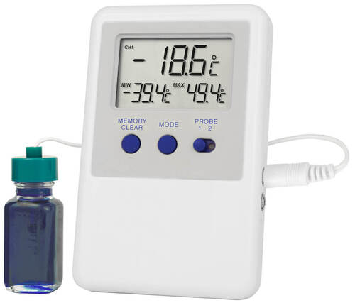 VWR Temperature monitoring device with buffered probe in product simulated solution, deg F/ deg C switchable readout, audible and visual alarms, with 3 year certificate of calibration