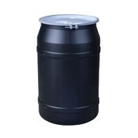 Lab Pack Poly Drum, 55 Gal, Metal Bolt Ring, 2x2in Bung Holes, Black, Dimensions, Exterior: 21in (53.3 cm) Top, 22.5in (57.2 cm) Bottom, 36.375in (92.4 cm) Height