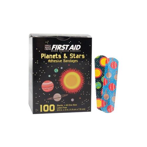 Planet and Stars Bandage, sterile, Designer and Character, Help kids forget their pain with these fun designs, Features a highly absorbent, non-adherent wound pad, Size: 3/4 x 3in