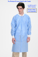 Lab coat, Extra-safe, Non-sterile, No pockets, Level 3, SMS fabrics, highly fluid resistant, knee length, snap front, knit cuffs, manufactured in controlled environment, low particle shedding, rated category 1 per Helmke drum testing, Medical Blue, M