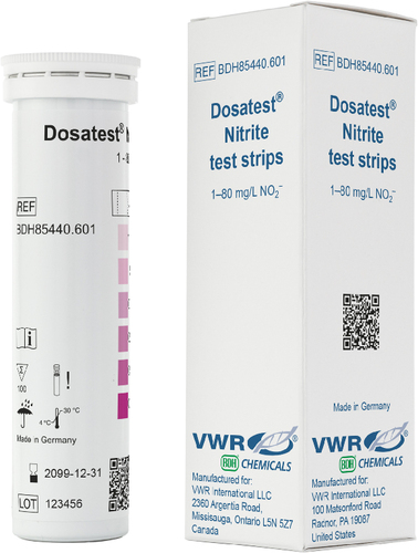 Vwr* Nitrite test strip, Test stick for semi-quantitative determination of nitrite (NO2) in solution, Gradation of scale: 0-1-5-10-20-40-80 mg/l white to red-violet, Between pH 1/13 the reaction is independent of pH value of test solution are adjust to pH 3 to 5 using citric acid, 500 dosatest
